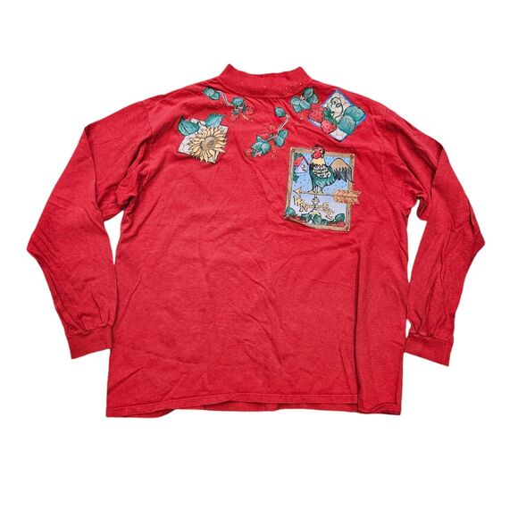 Vtg Mock Neck Top Womens L Red Floral Strawberries Cottagecore Rustic Handmade - Picture 1 of 9